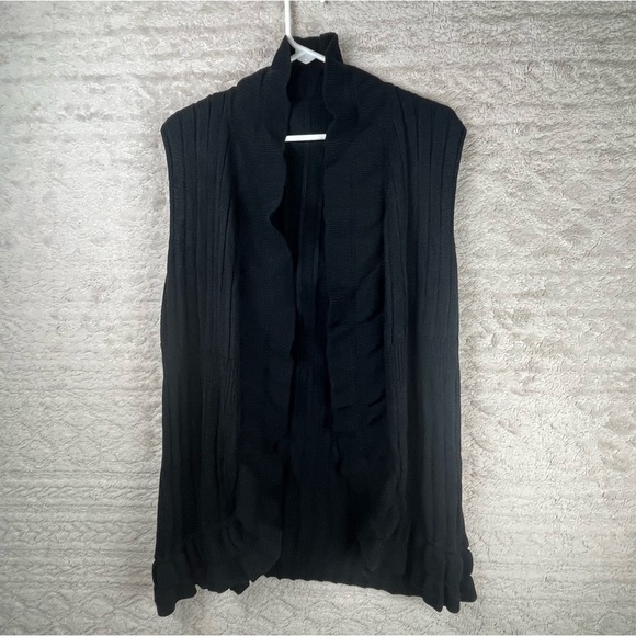 Vintage witchy whimsigoth Black Sleeveless Knit Cardigan Medium Ruffled Ribbed - Picture 1 of 12